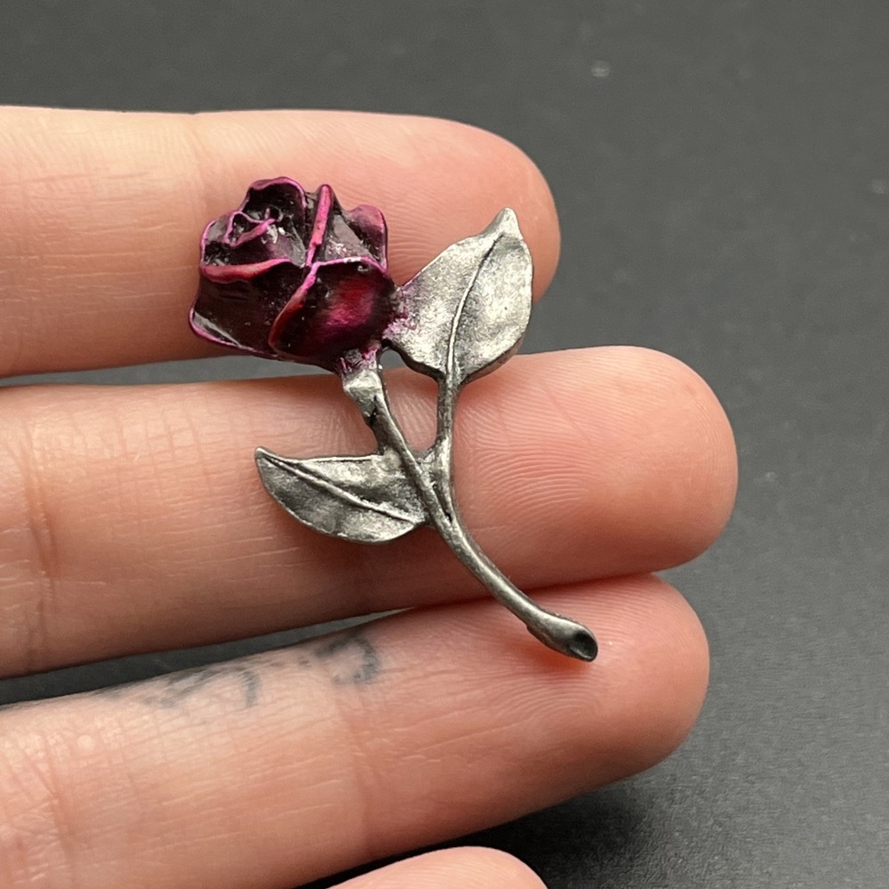 Rose Flower 3D Silver Tone Stem Lapel Hat Pin